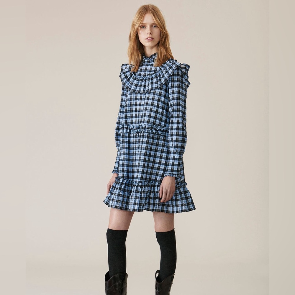 Ganni Blue and Black Checkered Dress